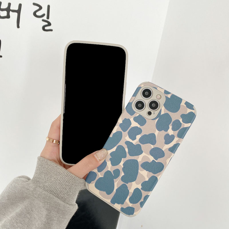 Ốp điện thoại da cừu họa tiết bò sữa màu xanh navy cho IPHONE 12 MINI 12PRO 11 PRO XS MAX 6 6S 7 8PLUS 8 X