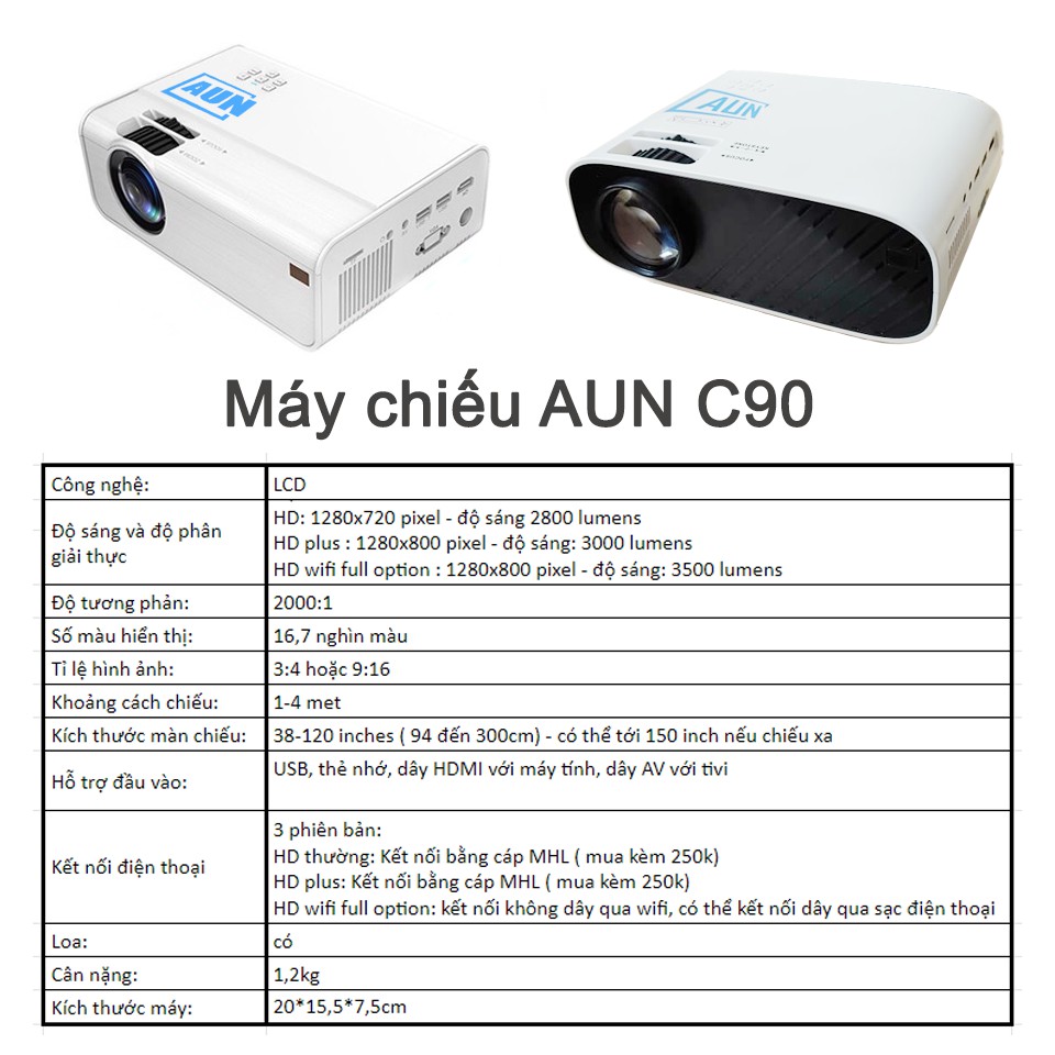 Máy chiếu mini HD C90 Aun - Máy chiếu gia đình - Tặng dây HDMI - kết nối máy tính, điện thoại, tivi