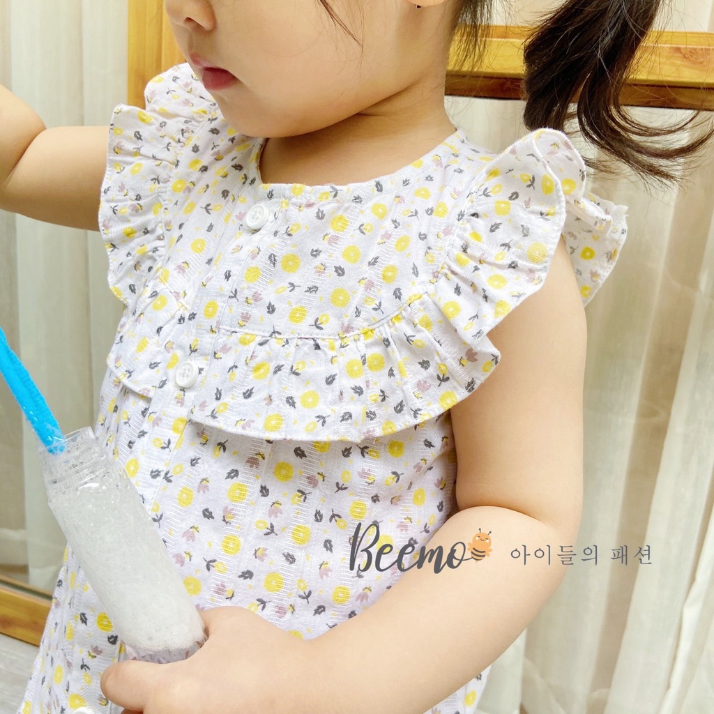 Set bộ đồ Beemo vải thô Hàn thoáng mát hình hoa nhí yếm bèo bé gái từ 1 đến 6 tuổi- 22B002