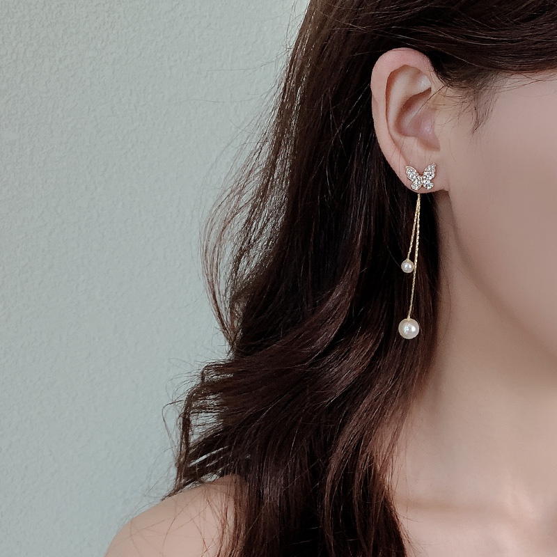 Khuyên tai mạ bạc 925 hình bướm dáng dài có tùy chọn đính ngọc trai nhân tạo phong cách cổ điển thời trang 2021