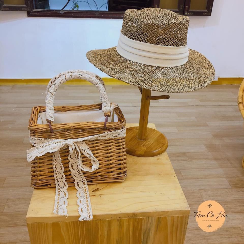 Túi cói vuông cầm tay nơ ren phong cách vintage