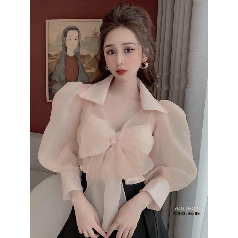 Áo tay phồng voan kiến cột nơ croptop, tăngj kèm áo lot trong - C6U