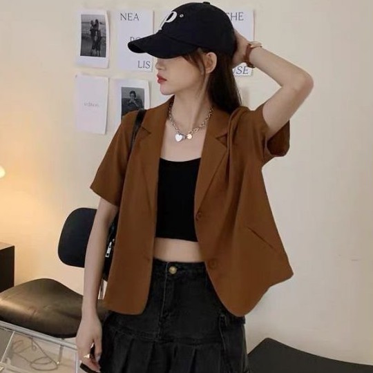 Áo blazer nữ tay ngắn kiểu dáng croptop thanh lịch cho nữ, áo khoác Blazer nữ cộc tay dáng ngắn croptop kiểu vest 1 lớp