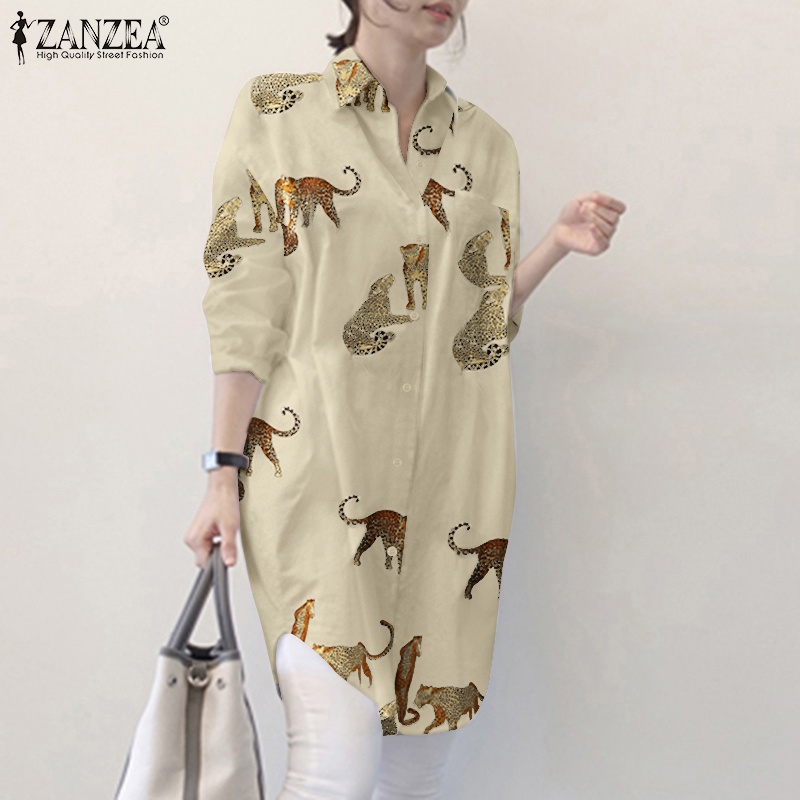 Áo sơ mi Zanzea dáng rộng in họa tiết báo thời trang đơn giản dành cho nữ