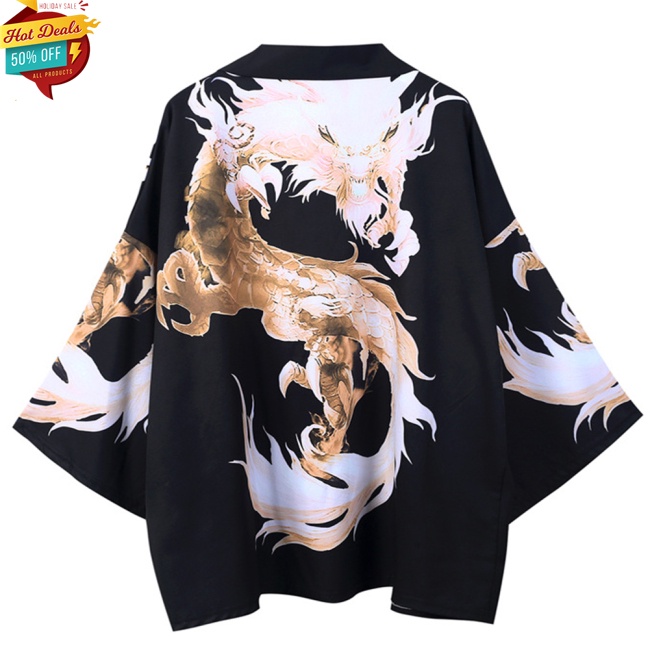 COD HOT Men Women Cardigan Robe Chinese Dragon Kimono Summer Loose 3/4 Sleeve Sun Protection Garments