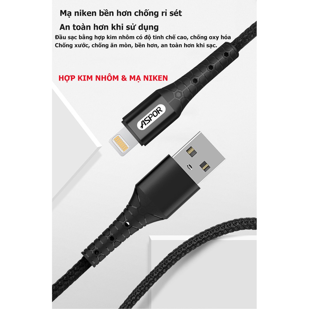 ⚡️Sạc Nhanh Các Dòng Android⚡️ Cáp sạc nhanh dây dù 2.4A cho samsung cổng Micro USB A191 Thương Hiệu ASPOR Cao Cấp