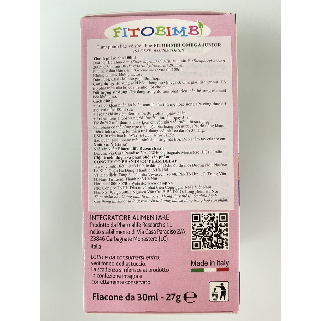 Fitobimbi Omega Junior.Phát Triển Trí Não Cho Bé,Tốt Cho Mắt. Chính Hãng Lọ 30ml