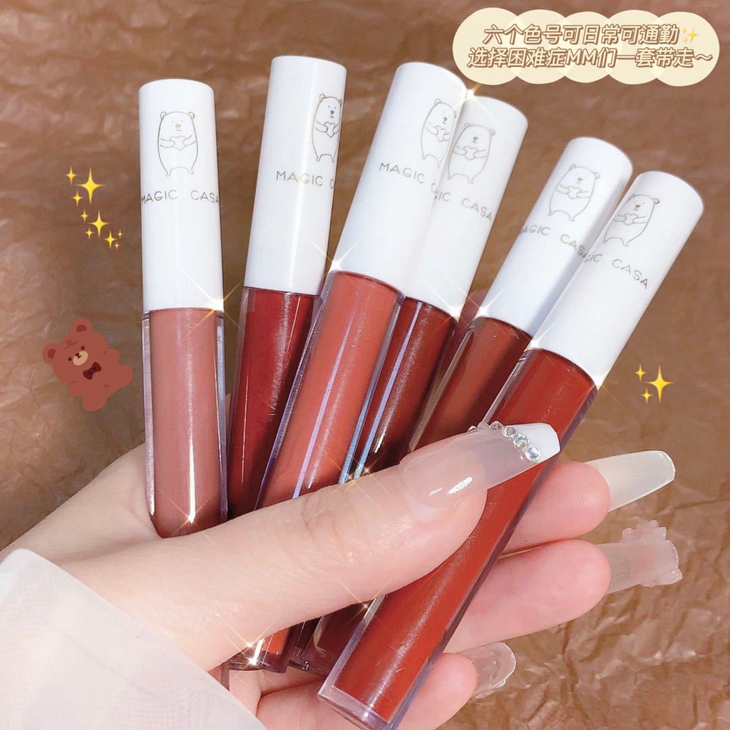 [Hàng mới về] Set 6 son kem lì Magic Casa dưỡng ẩm với vỏ hình chú gấu đáng yêu