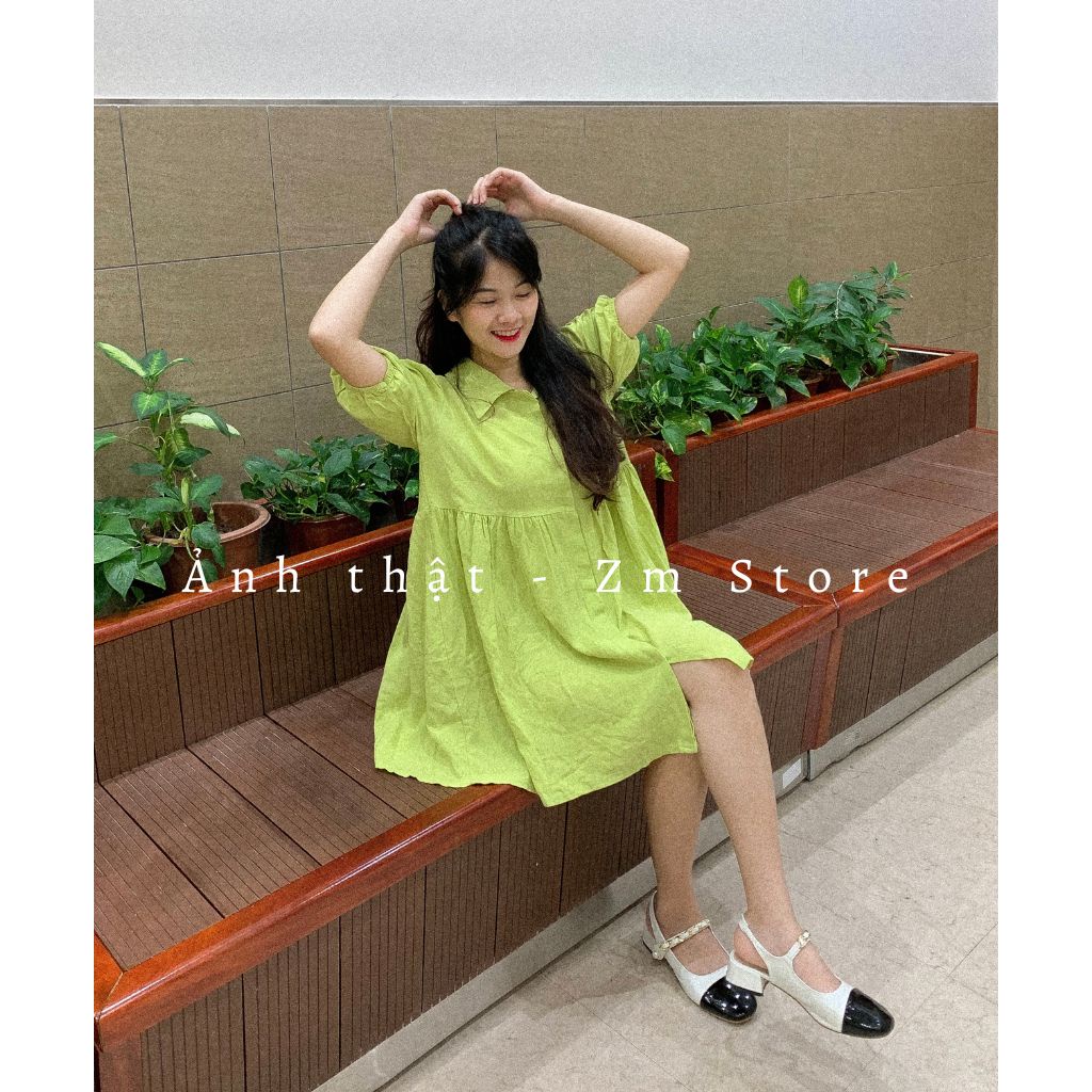 Váy Babydoll Xanh Bơ Cổ Sơ Mi Chất Đũi Hàn Dáng Xòe Form Rộng Siêu Xinh Che Khuyết Điểm ZMstore