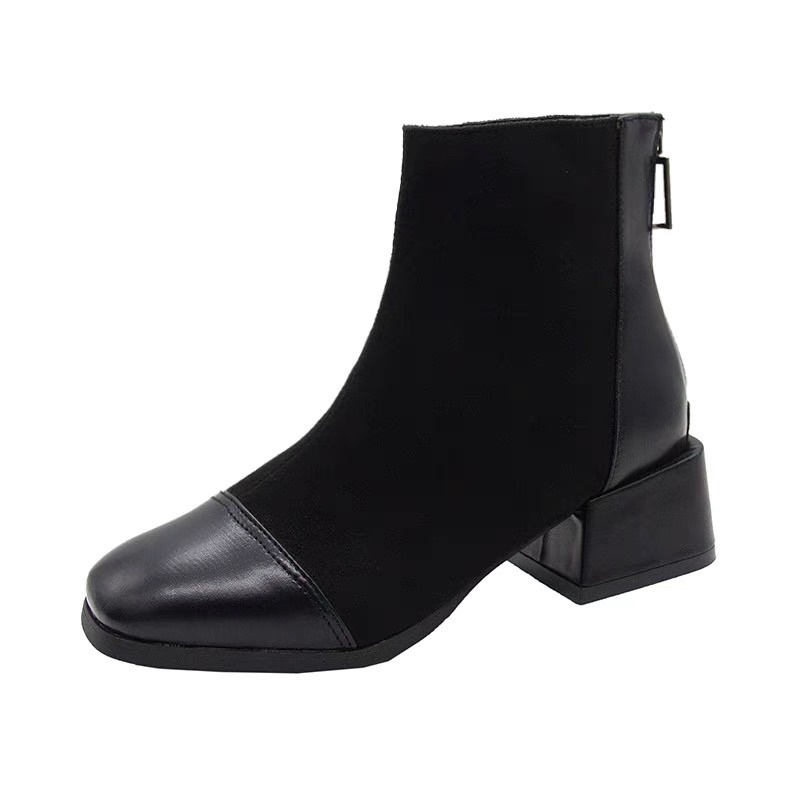 (ORDER) Bốt cao gót da lộn gót vuông 4,5cm phối mũi da mềm BIG SIZE 35-42 | BigBuy360 - bigbuy360.vn