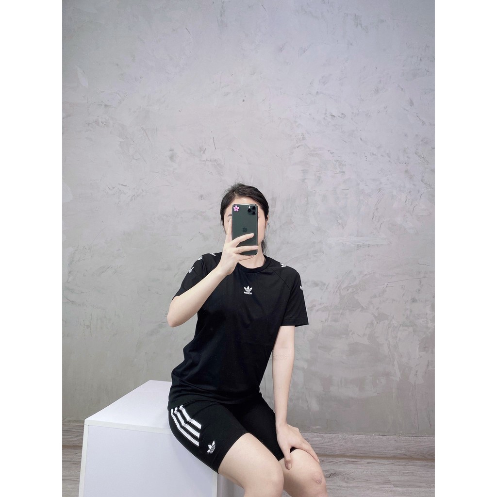 (HÀNG XUẤT XỊN) Áo đen nhiều logo 1567 Repeat Trefoil tee Made in Cambodia full tag code  Size S M L