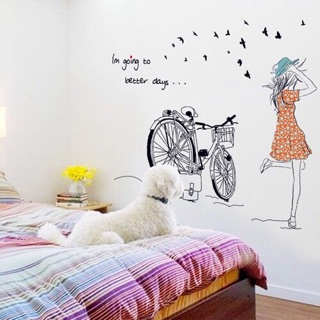 Decal dán tường cô gái và xe đạp