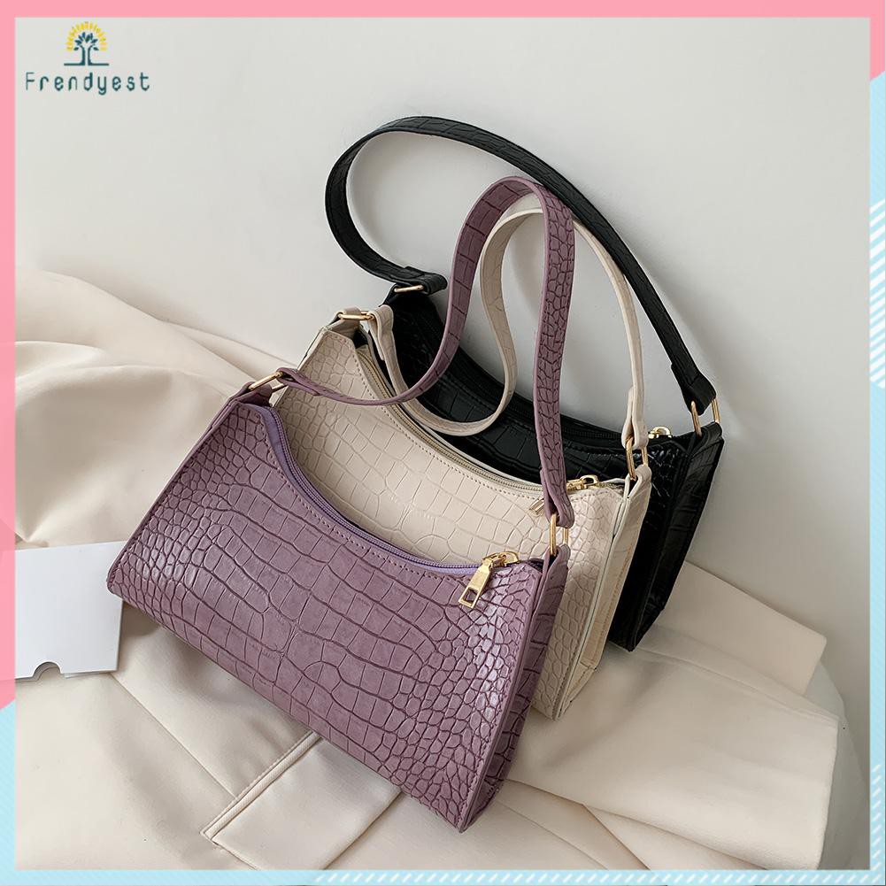 Túi Xách Nữ Da PU Họa Tiết Da Cá Sấu Đeo Dưới Cánh Tay Phong Cách Retro Màu Trơn Thời Trang