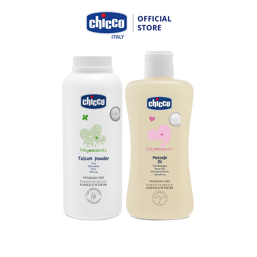 Combo Phấn rôm tinh bột Gạo 150gr Chicco &amp; Dầu mát-xa chiết xuất cám gạo 0M+ Chicco 200ml