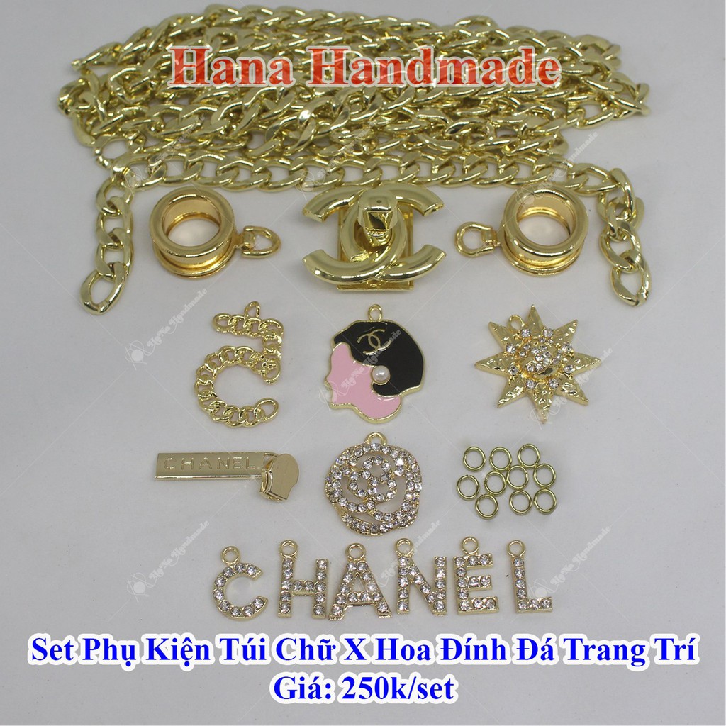 Set phụ kiện túi chữ X hoa đính đá trang trí