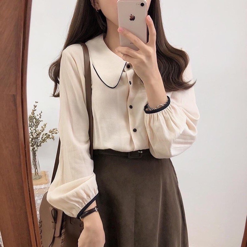 Áo sơ mi cổ viền viền đen tiểu thư