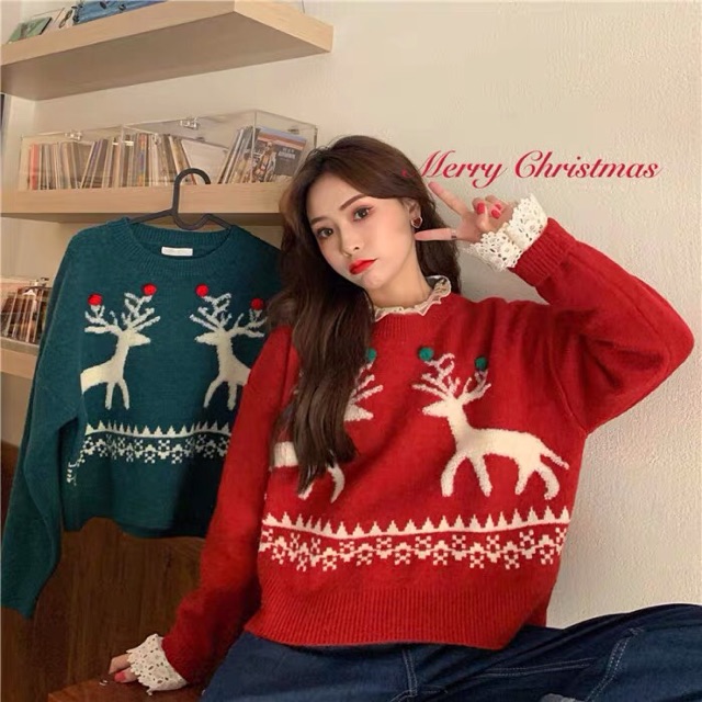 Áo len đỏ xanh tuần lộc xinh đi chơi noel