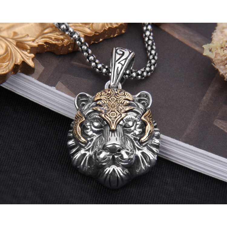 Dây Chuyền Mặt Hình Đầu Hổ Mạ Vàng Bạc Cá Tính Phong Cách Punk Mới Cho Nam
