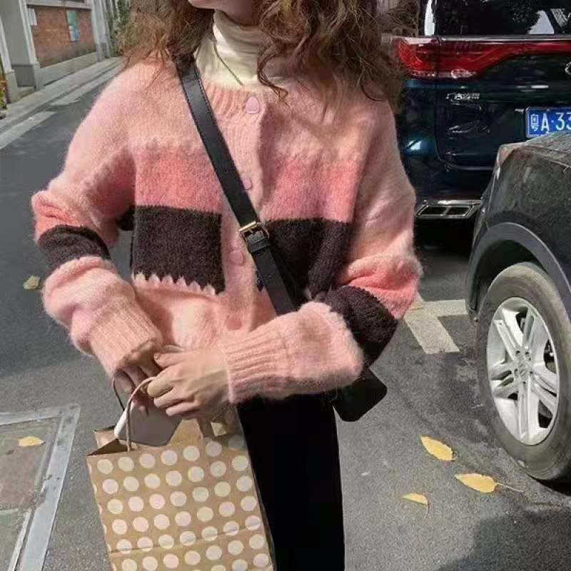 Áo khoác cardigan dệt kim tay dài màu sắc tương phản phong cách vintage cho nữ