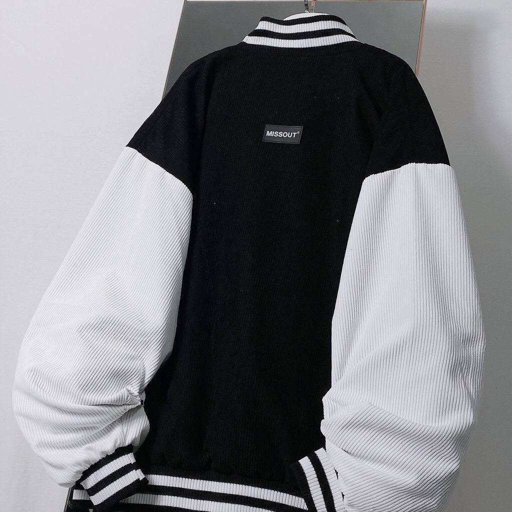 Áo Khoác Bomber Jacket Nhung Gân Tăm LOGO MISSOUT Varsity Unisex Form Rộng Nam Nữ Phong Cách HÀN Ulzzang