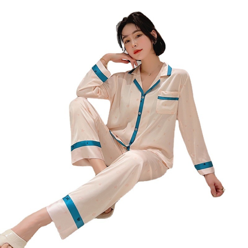 Bộ đồ ngủ tay dài chất liệu lụa mỏng nhẹ màu trơn thời trang mùa xuân xinh xắn cho nữ