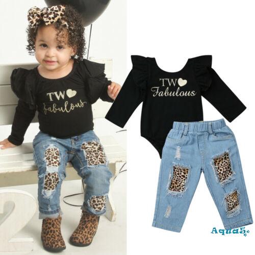 ✿ℛUS 2PCS Toddler Kids Baby Girl Ruffle Romper+Denim Pants Winter Outfits Clothes