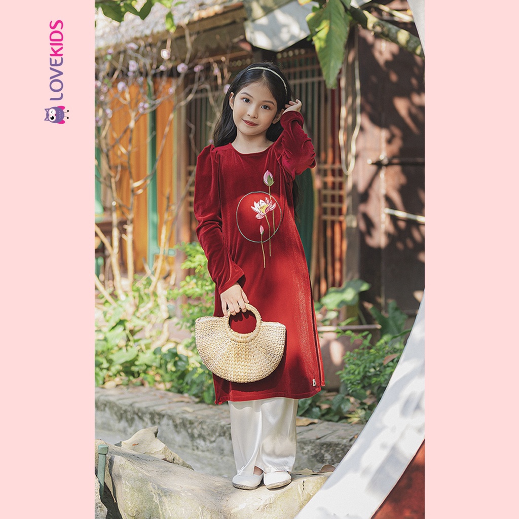 Áo dài nhung thêu hoa sen tay bồng BG | Lovekids