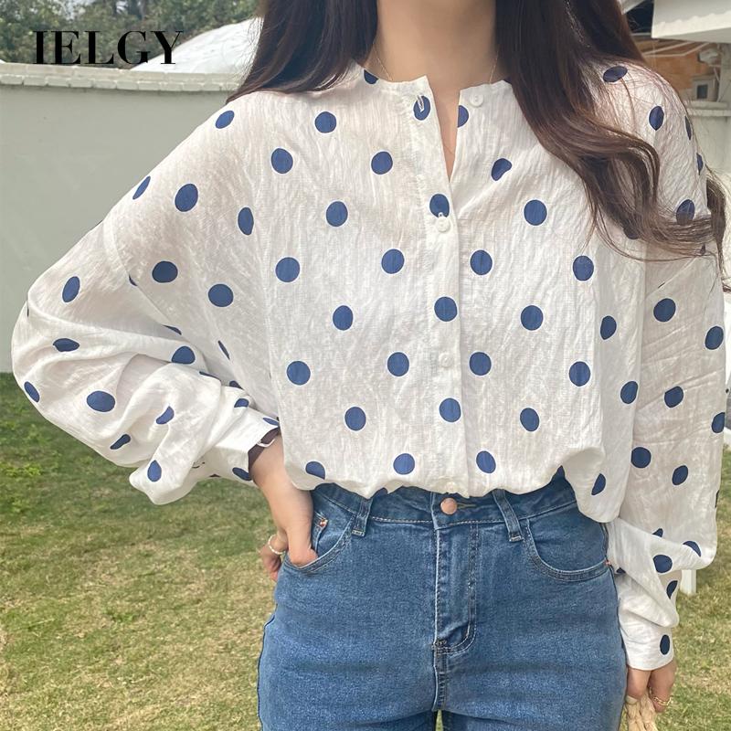 Áo kiểu IELGY tay dài cổ tròn in họa tiết chấm bi xinh xắn cho nữ
