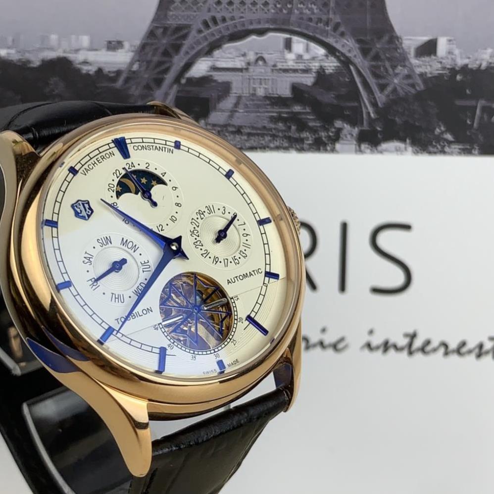 Đồng hồ Nam Vacheron- đồng hồ cơ Automatic 5 kim mặt trắng viền vàng size 40-41mm