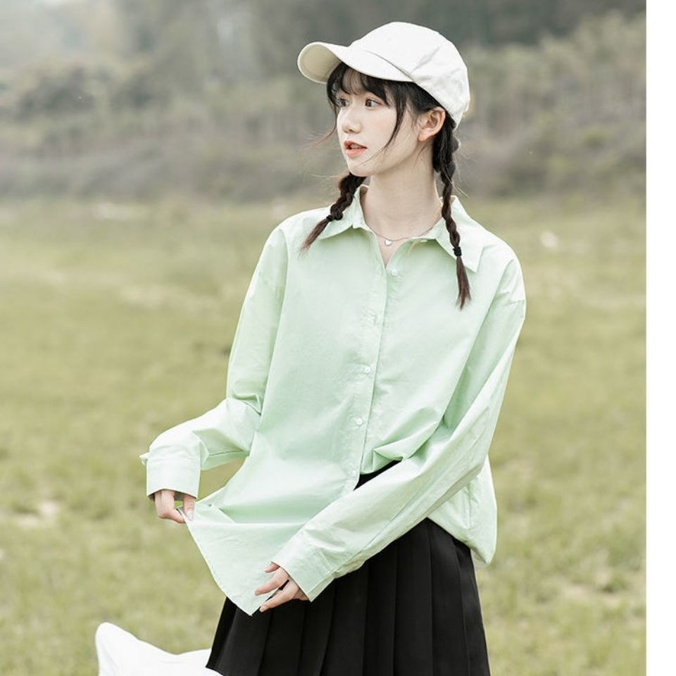 COZOK Áo sơ mi chiffon COZOK dáng rộng màu trơn phong cách thời trang Hàn Quốc