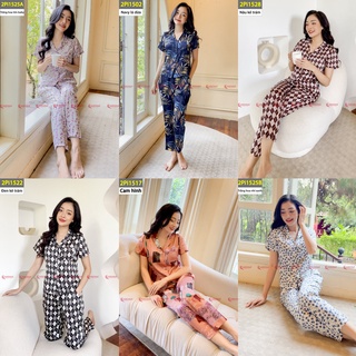 Bộ Pijama Nữ Cardina quần dài áo cộc tay, chất lụa Nhật cao cấp
