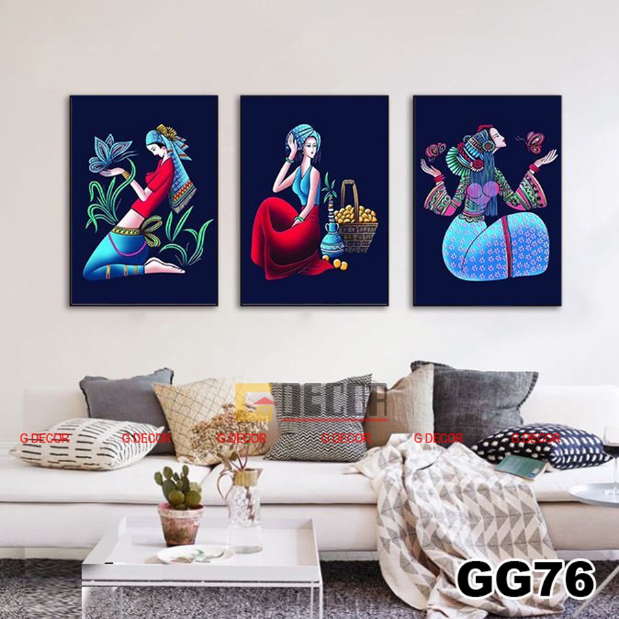Tranh treo tường canvas khung gỗ 3 bức phong cách hiện đại Bắc Âu tranh cô gái trang trí phòng khách phòng ngủ spa 233