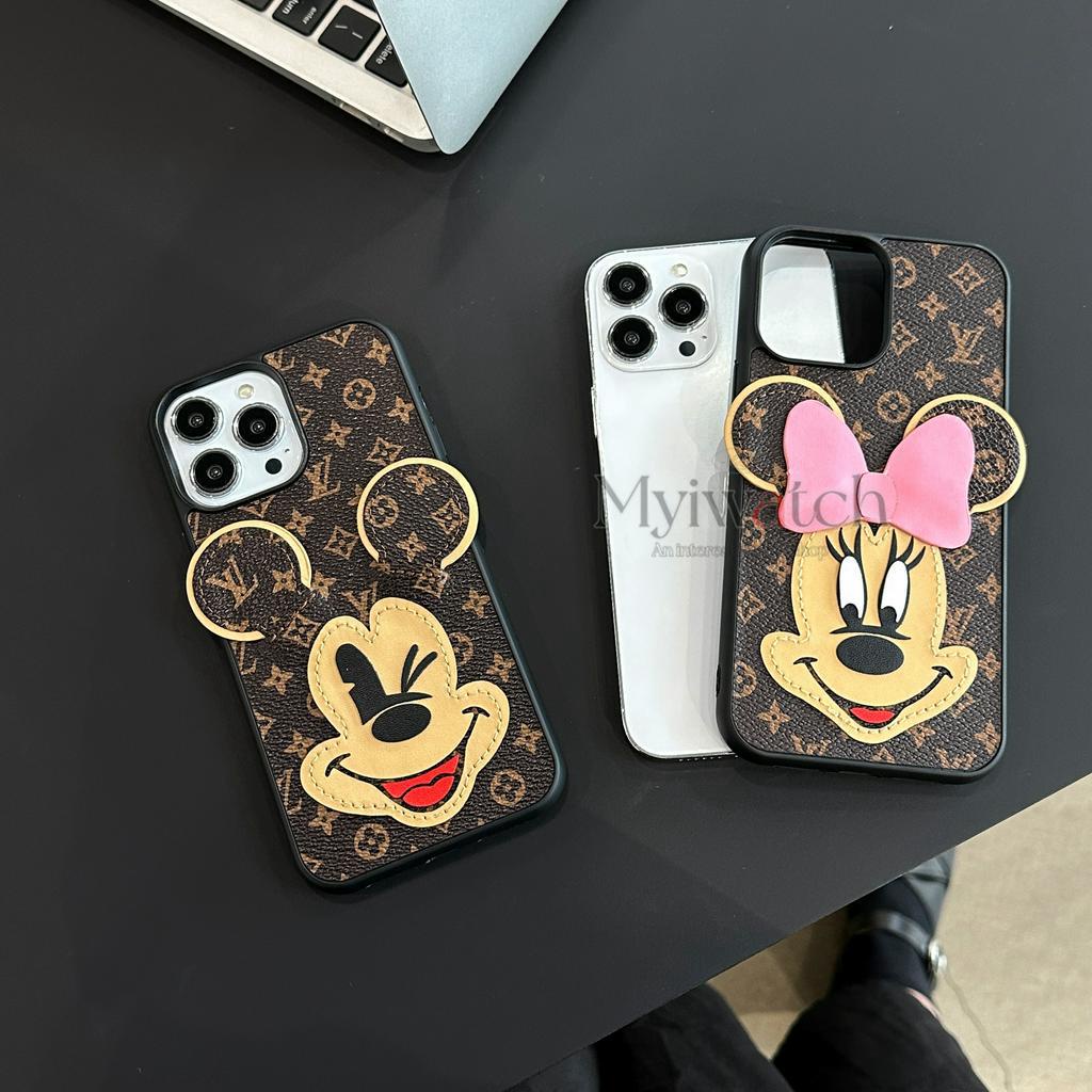 Ốp Điện Thoại Da In Hoạt Hình Mickey Minnie 3D Cho iPhone 14 13 11 12 Pro Max