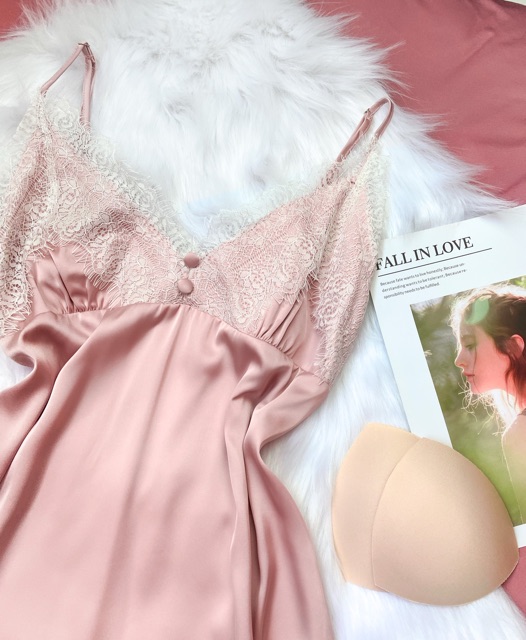 [CÓ MÚT NGỰC]  SX149 - váy ngủ sexy hai dây lụa phối ren đính nút bọc sắc sảo - KELLY WANG | BigBuy360 - bigbuy360.vn