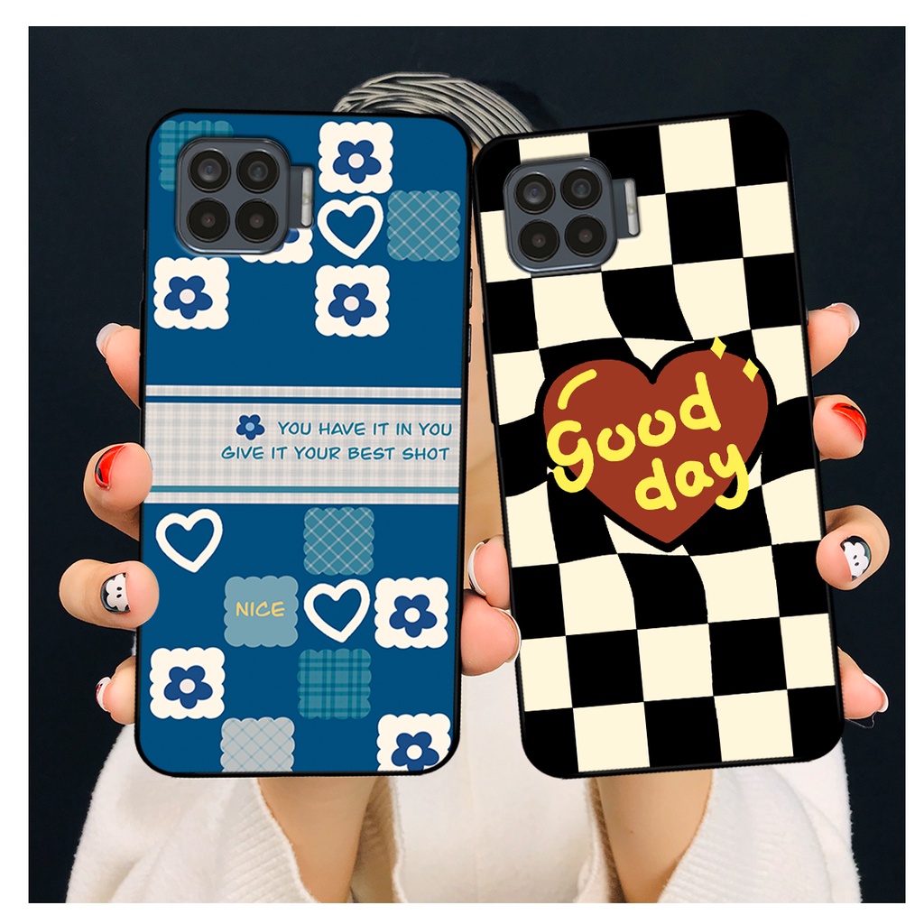 Ốp lưng Oppo A73 - Oppo A93 in hoạ tiết caro trái tim đen trắng, gấu bear cute đáng yêu