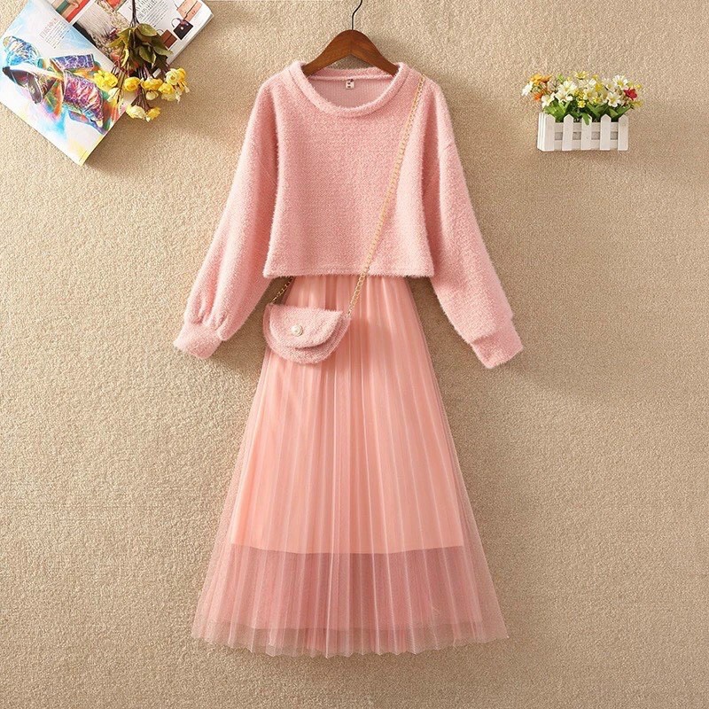 SET CÔNG CHÚA VÁY 2 DÂY CHÂN VOAN VÀ ÁO DẠ LÔNG KÈM TÚI ĐEO