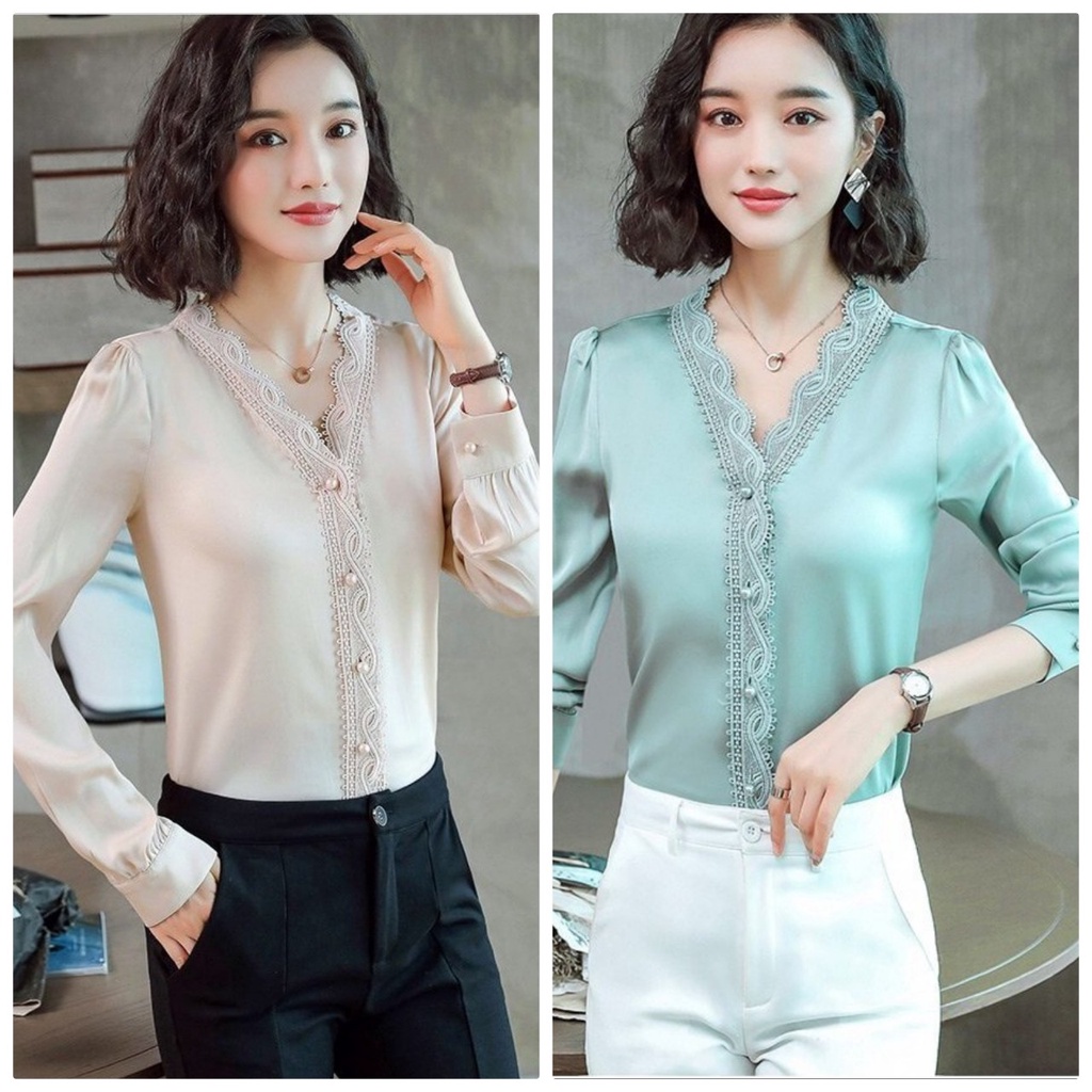 Áo Sơ Mi Phối Ren Ngực Phi Lụa Siêu Hot Hàng Chuyển Chọn BY6380
