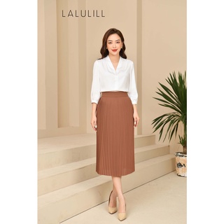 Lalulill - chân váy 2 lớp dập ly lụa viscose màu nâu đậm