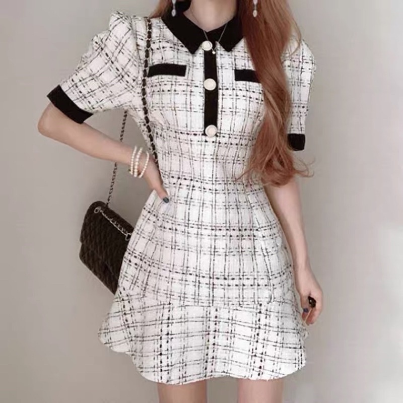 Đầm Dạ Tweed kẻ đen Trắng đuôi cá(ảnh thật)