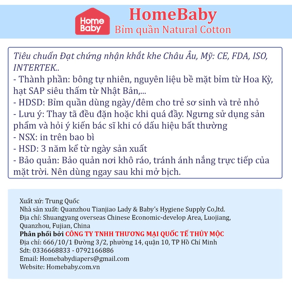 Bỉm Homebaby Nội Địa Trung cotton tự nhiên M42, L39, Xl36, XXL33, XXXL30