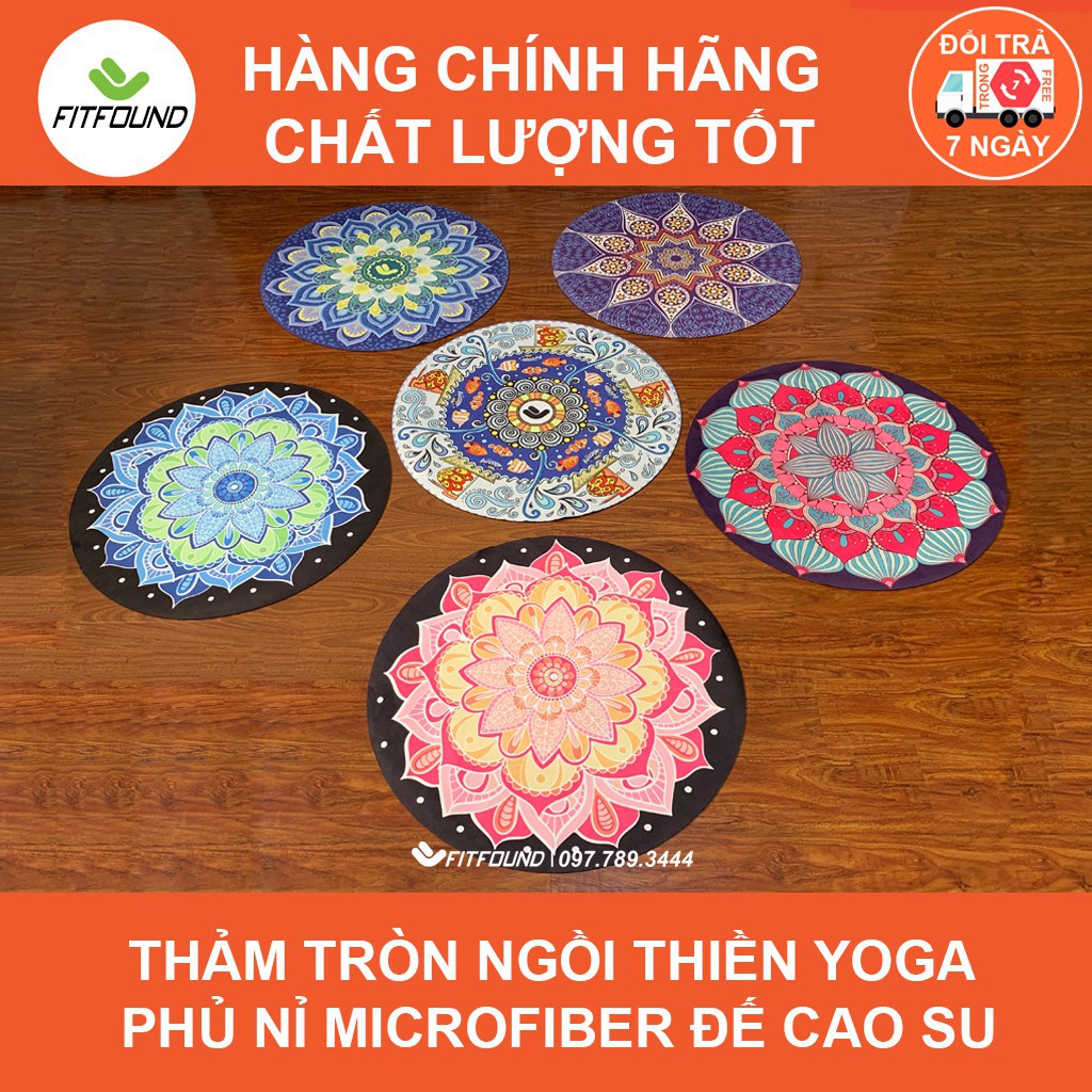 Thảm yoga ngồi thiền tròn  cao su tự nhiên phủ nỉ microfiber in hoa mandala đường kính 70cm dày 3.5mm