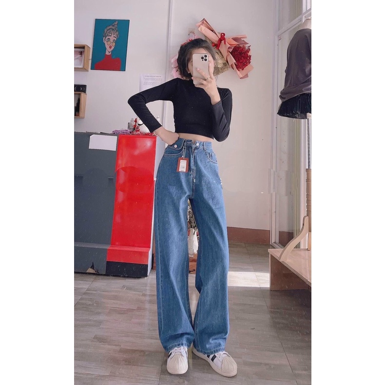 [ ORN0014 ] QUẦN JEANS ỐNG RỘNG NỮ LƯNG CAO TÚI NẮP LƯNG LAI CUỐN MÀU XANH NHẠT FORM DÀI RỘNG CHẤT VẢI DÀY DẶN CAO CẤP
