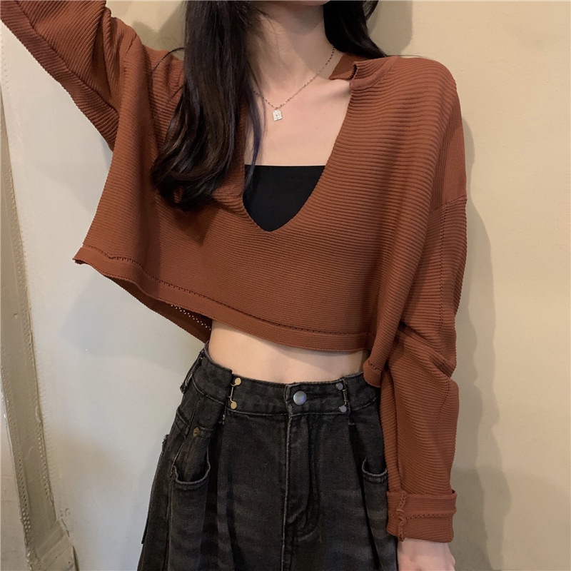 Áo len croptop nữ 23Closet tay dài cổ V form rộng kiểu dáng hàn quốc nhiều màu đen trắng tím, áo crt đẹp -ALCR01