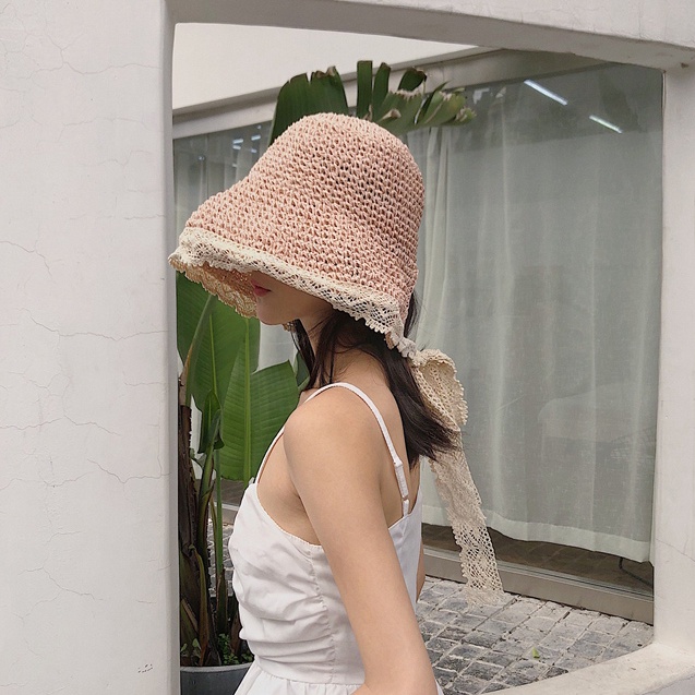 Mũ Cói Rộng Vành Phối Ren Chống Tia Uv Thời Trang Đi Biển Mùa Hè Cho Nữ Sự Bảo Vệ