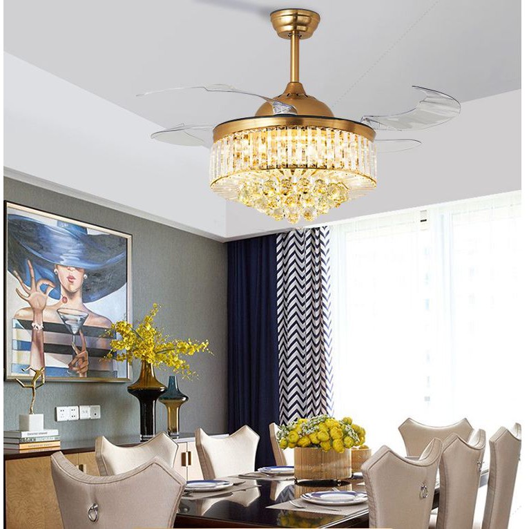 Quạt trần đèn Led, Quạt trần Pha Lê cánh cụp xòe trang trí phòng khách ánh sáng 3 màu remote 6 tốc độ mát,BH 5 năm