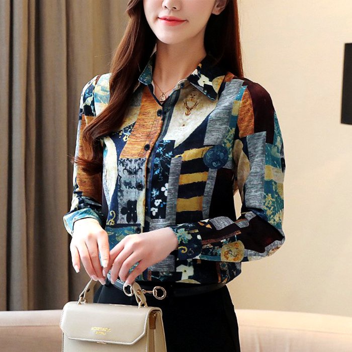 Nhiều Màu - Áo Kiểu Hàn Quốc Nữ Tính Dạng Áo Tay Dài In Họa Tiết Mắt Xích – THỜI TRANG CÔNG SỞ NỮ 3A31