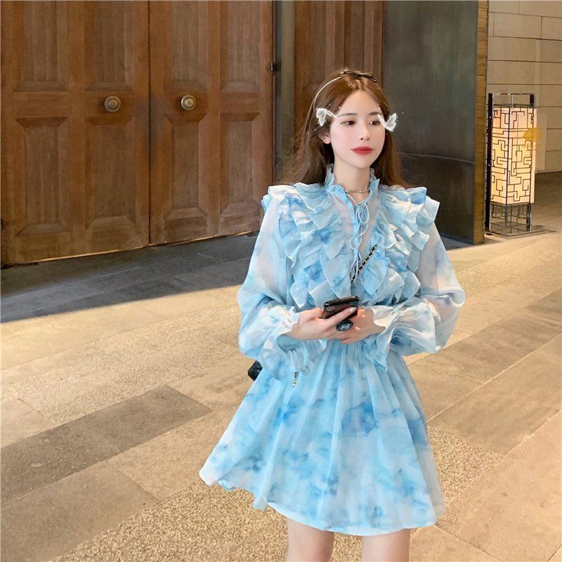M139 - Váy voan công chúa Ulzzang cổ trụ thắt nơ viền bèo eo chun dài tay loang màu nhẹ nhàng