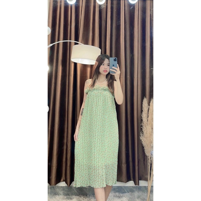Đầm hai dây hoa nhí dáng suông dài phối bèo bầu bì bon chen đi chơi đi dạo đi du lịch siêu đẹp hình thật