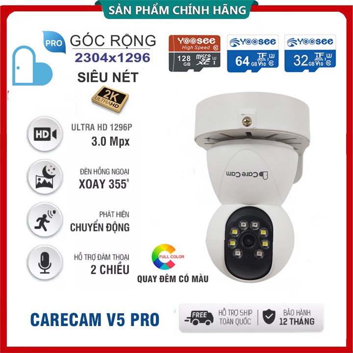 Camera IP Carecam V5 PRO 3.0MP  Xoay 355 độ, đàm thoại 2 chiều, Led quay đêm có màu - Bảo hành 12 Tháng