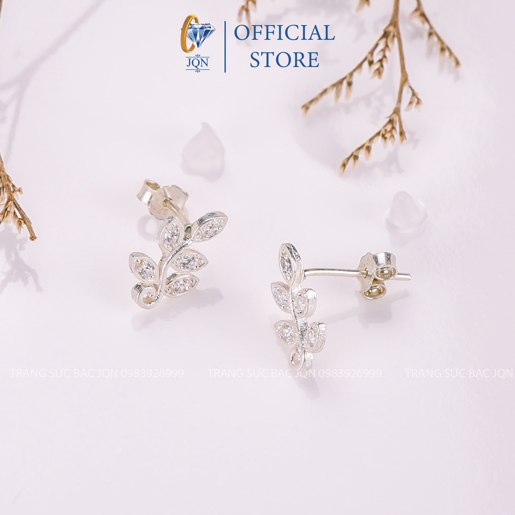 Bông tai bạc giá rẻ hình chiếc lá nhỏ gắn đá xinh xắn/ Trang sức bạc JQN
